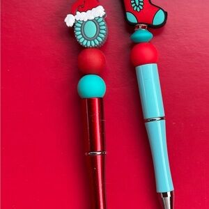 Christmas Beaded Pens Festive Red and Turquoise Blue Pen Set